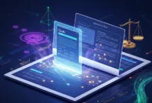 Digital tablet displays Claude AI, Microsoft Word, and a scale, symbolizing AI's impact on legal writing.