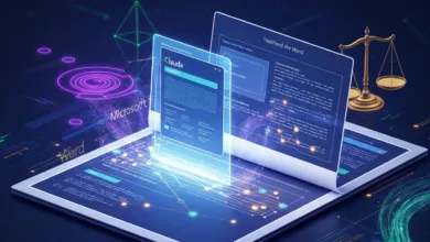Digital tablet displays Claude AI, Microsoft Word, and a scale, symbolizing AI's impact on legal writing.