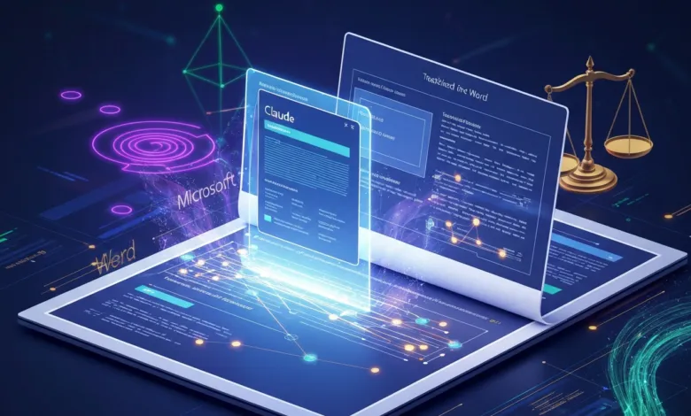Digital tablet displays Claude AI, Microsoft Word, and a scale, symbolizing AI's impact on legal writing.