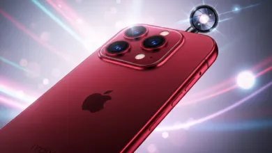Close-up of a red iPhone with triple camera system and lens attachment.