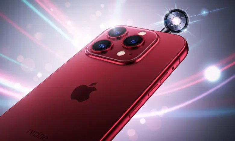Close-up of a red iPhone with triple camera system and lens attachment.