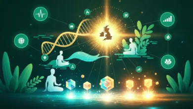Abstract image of UK map with DNA, meditating figures, and glowing icons.