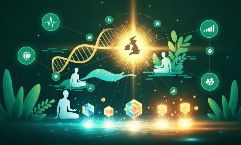 Abstract image of UK map with DNA, meditating figures, and glowing icons.