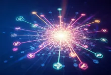 Abstract network with glowing nodes and connections on dark blue background.