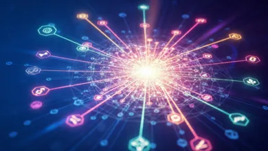 Abstract network with glowing nodes and connections on dark blue background.