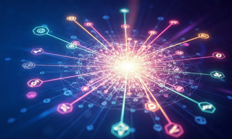 Abstract network with glowing nodes and connections on dark blue background.