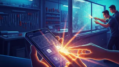 Hands interact with a smartphone displaying schematics in a workshop setting.