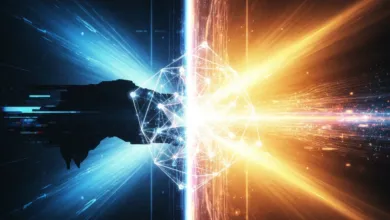 Abstract digital art with blue and orange energy converging on a geometric shape.