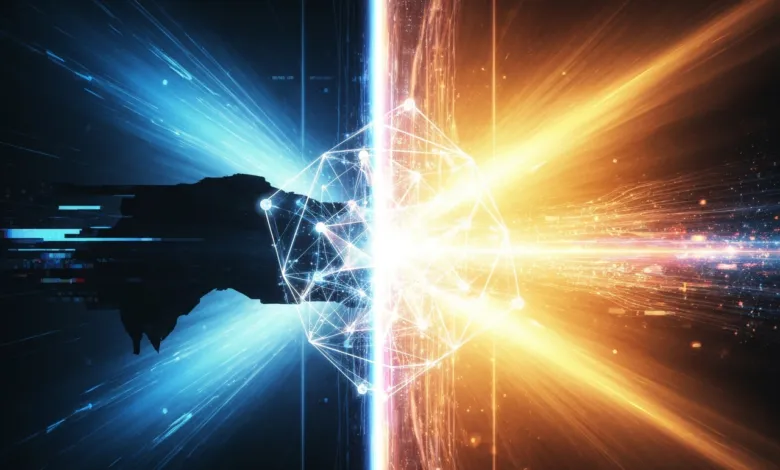 Abstract digital art with blue and orange energy converging on a geometric shape.