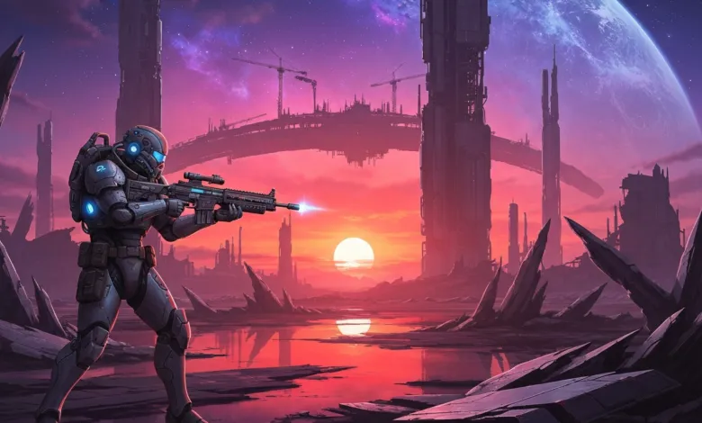 Futuristic soldier aims rifle on alien planet with large moon and towering structures.