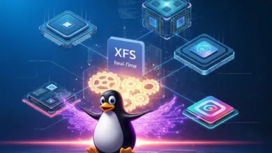 Cartoon penguin with XFS Real-Time logo surrounded by tech elements.