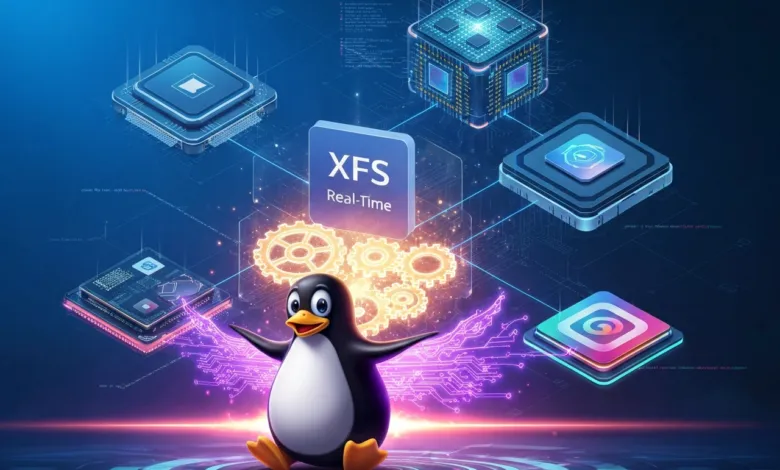 Cartoon penguin with XFS Real-Time logo surrounded by tech elements.