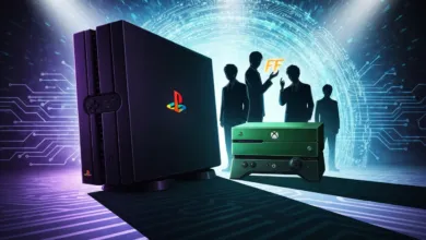 PlayStation and Xbox consoles against a digital circuit board backdrop.
