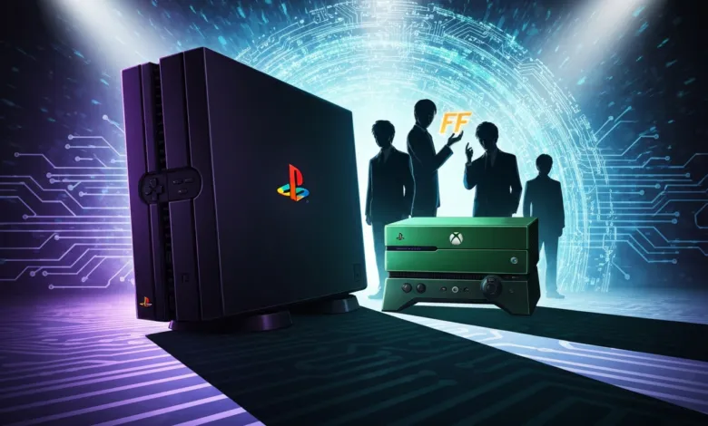 PlayStation and Xbox consoles against a digital circuit board backdrop.