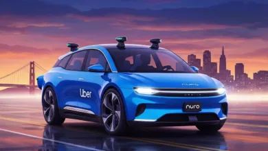 Blue Nuro autonomous vehicle with Uber branding against San Francisco skyline.