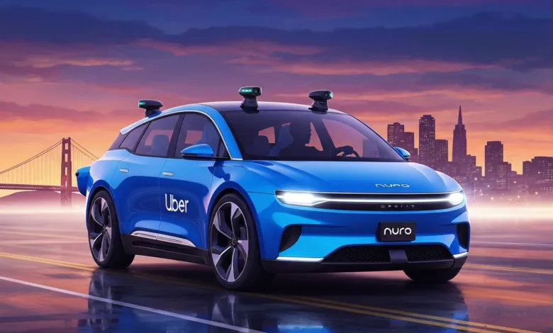 Blue Nuro autonomous vehicle with Uber branding against San Francisco skyline.