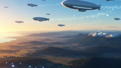 Several airships float above a landscape of mountains, forests, and a coastline at sunset.