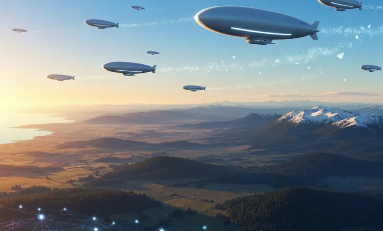 Several airships float above a landscape of mountains, forests, and a coastline at sunset.