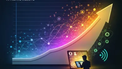 Affiliate website growth chart with upward arrow and digital icons.