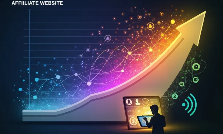 Affiliate website growth chart with upward arrow and digital icons.