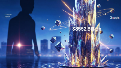 Abstract image with a crystal structure, geometric shapes, and a silhouette.