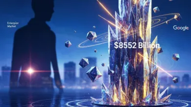 Abstract image with a crystal structure, geometric shapes, and a silhouette.