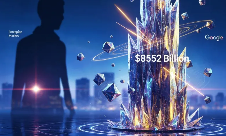 Abstract image with a crystal structure, geometric shapes, and a silhouette.