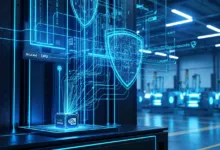 Futuristic server room with glowing blue data connections and Nvidia logo.