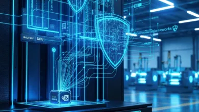 Futuristic server room with glowing blue data connections and Nvidia logo.