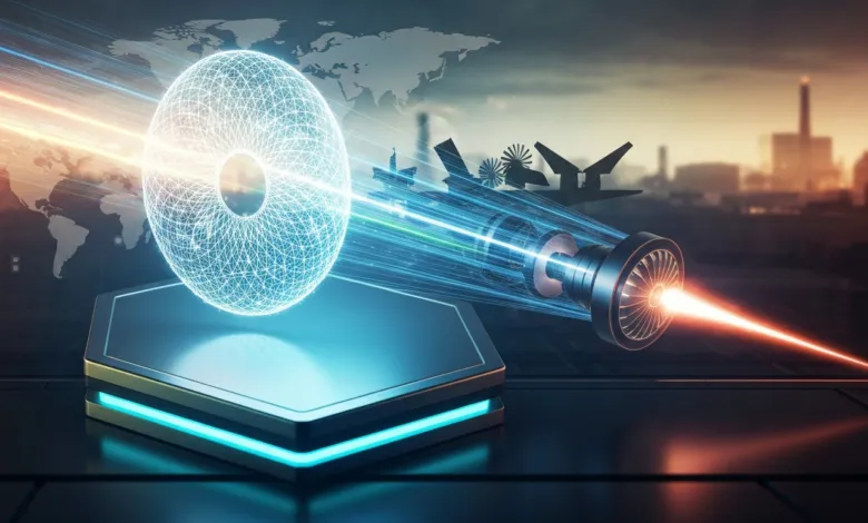 Futuristic technology concept with glowing sphere, laser, and world map backdrop.