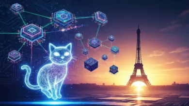 Digital cat connected to network with Eiffel Tower in background.