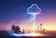 Cloud computing concept with servers, towers, and data streams against a sunset sky.