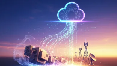 Cloud computing concept with servers, towers, and data streams against a sunset sky.