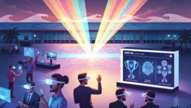 People wearing VR headsets at a tech conference with digital displays and ocean backdrop.