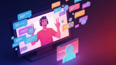 Cartoon man with headphones on screen surrounded by chat bubbles and ad-free icon.