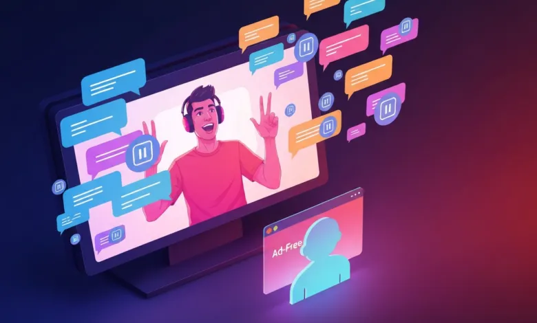 Cartoon man with headphones on screen surrounded by chat bubbles and ad-free icon.