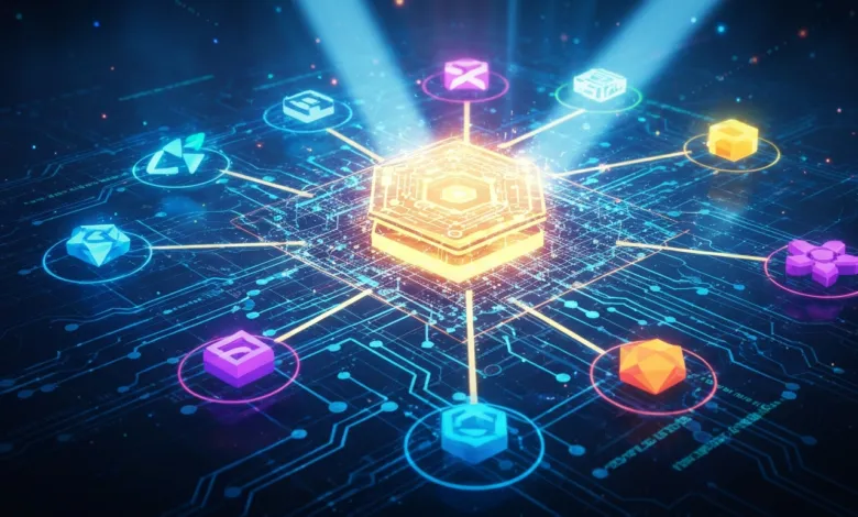 Abstract digital network with glowing central node and connected icons.