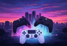 Xbox and Playstation controllers against a vibrant cityscape backdrop.