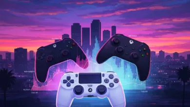 Xbox and Playstation controllers against a vibrant cityscape backdrop.