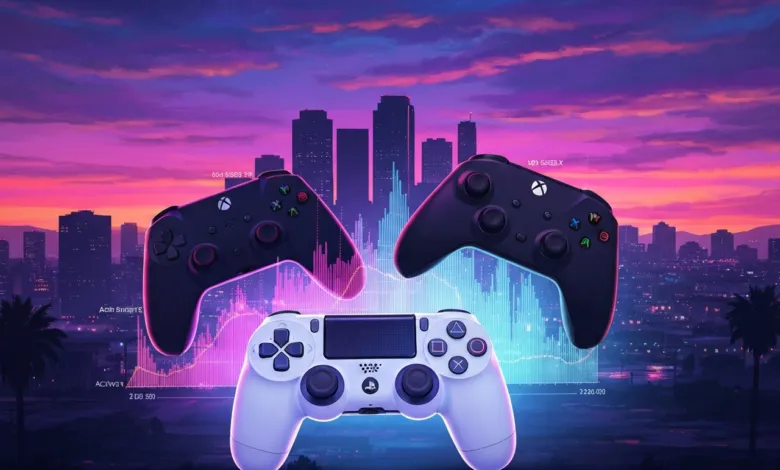 Xbox and Playstation controllers against a vibrant cityscape backdrop.