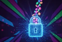 Glowing blue padlock with circuit board design and falling cryptocurrency coins.