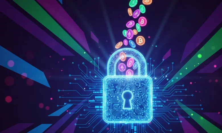 Glowing blue padlock with circuit board design and falling cryptocurrency coins.
