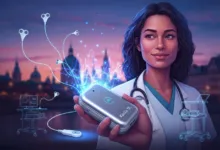 Doctor holds Kardia device with glowing ECG lines against city skyline.