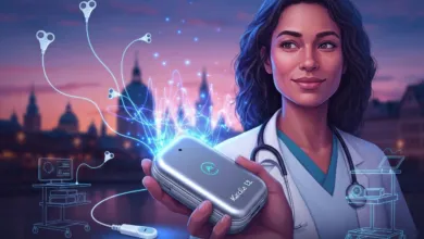 Doctor holds Kardia device with glowing ECG lines against city skyline.