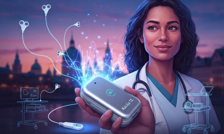 Doctor holds Kardia device with glowing ECG lines against city skyline.