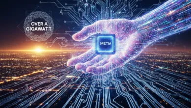 Glowing hand holding 'METIA' chip over city, connected by circuit lines.