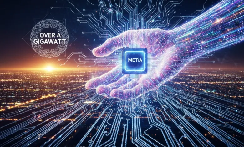 Glowing hand holding 'METIA' chip over city, connected by circuit lines.