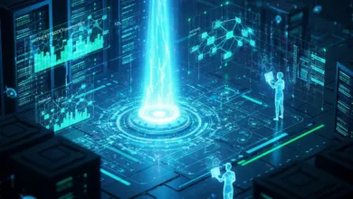 Futuristic server room with glowing data stream and holographic figures.