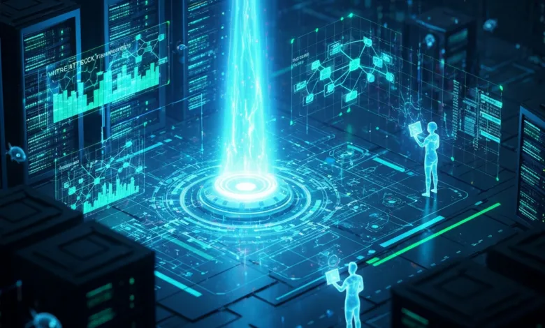 Futuristic server room with glowing data stream and holographic figures.
