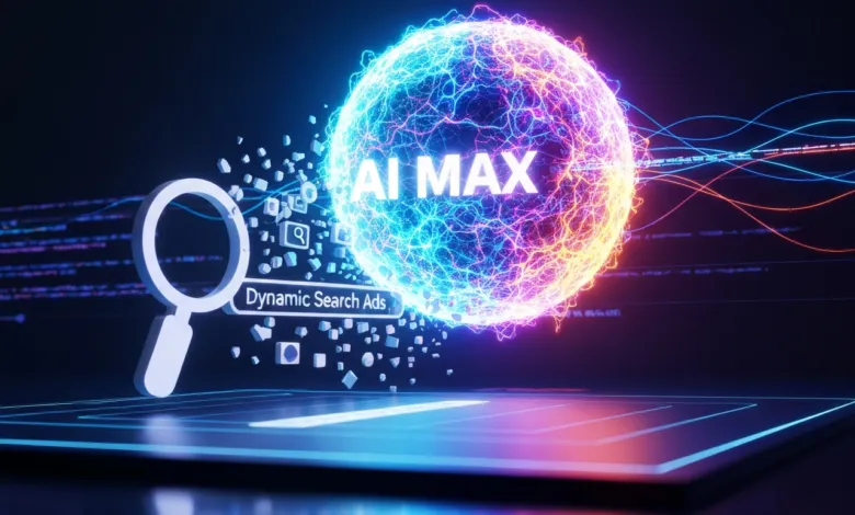 AI Max concept with magnifying glass and dynamic search ads, glowing sphere.
